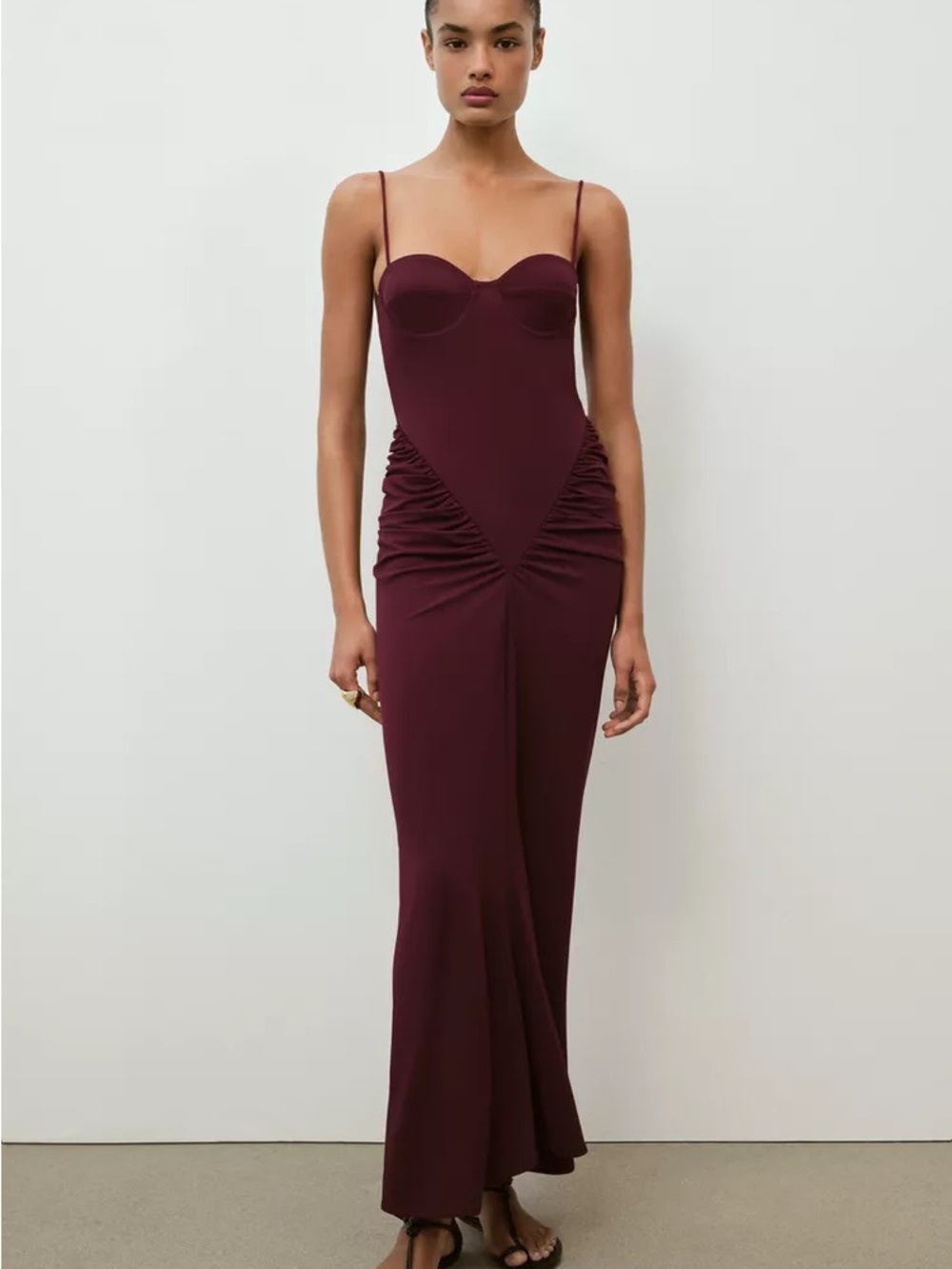 Zara Burgundy Ruched Bustier Maxi Dress